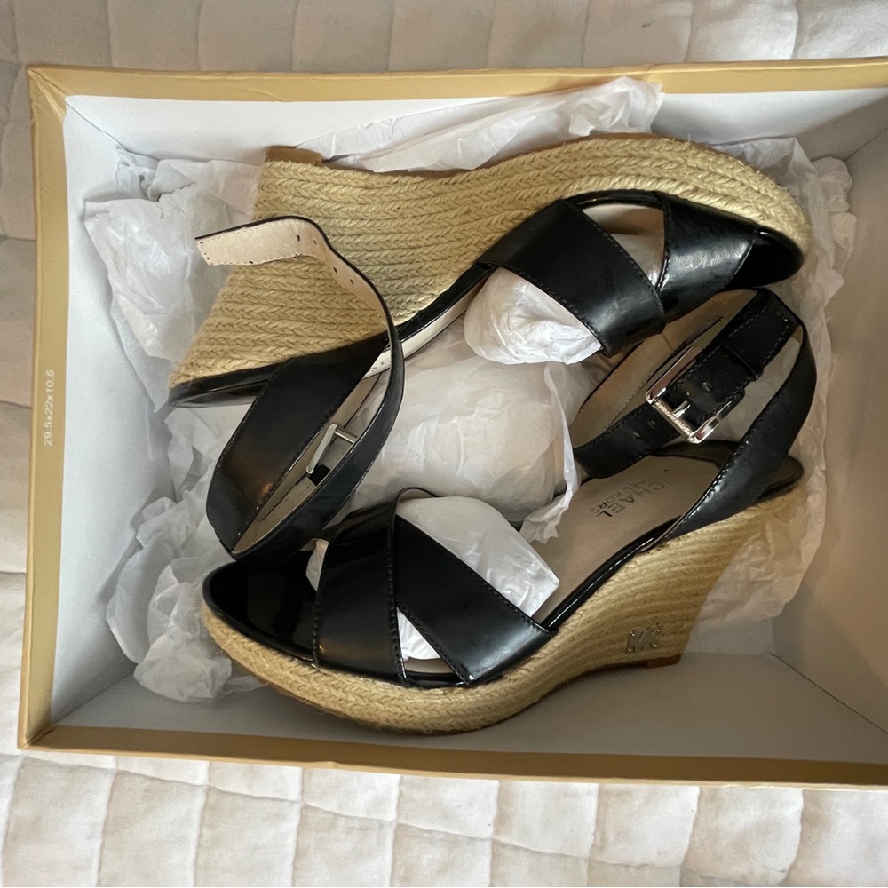 Michael Kors Black and Tan Wedge Sandals